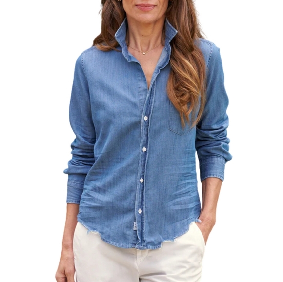 Frank & Eileen Barry Tailored Button-Up Shirt Chambray Stonewashed Indigo Blue - Picture 2 of 11